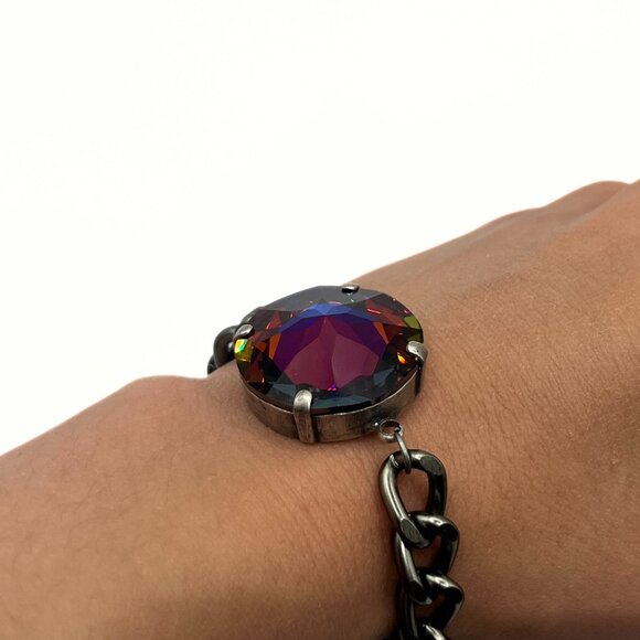 Handcrafted Large Exotic Red w/ Blue Swarovski Crystal Chunky Chain Bracelet - Picture 6 of 16